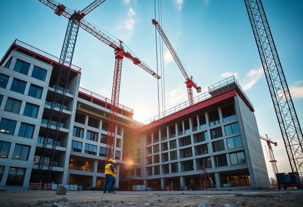 Construction site of University Health Palo Alto Hospital with final steel beam being placed.