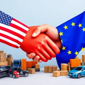 Visual representation of the US EU trade agreement with flags and trade goods