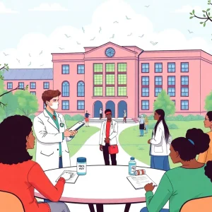 University campus with researchers discussing cancer research and health education for HPV vaccination