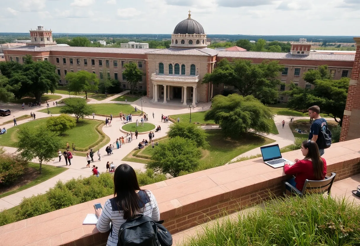View of University of Texas A&M-San Antonio campus with students engaged in learning.
