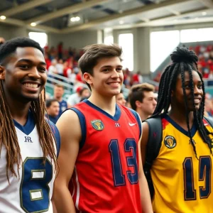 UTSA student-athletes with special uniform patches in stadium