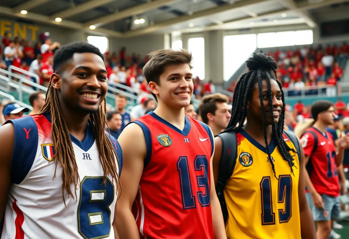 UTSA student-athletes with special uniform patches in stadium