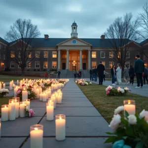 Memorial candles on university campus for flooding victims