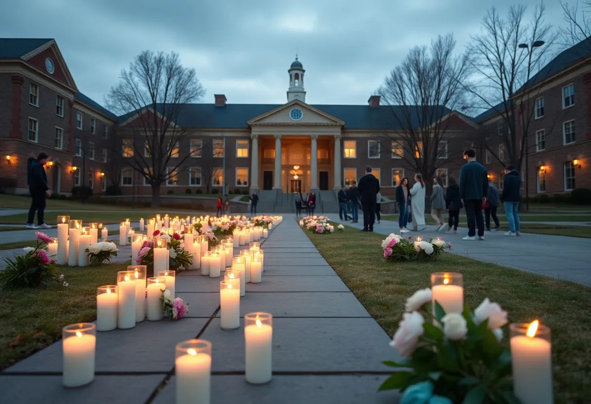 Memorial candles on university campus for flooding victims