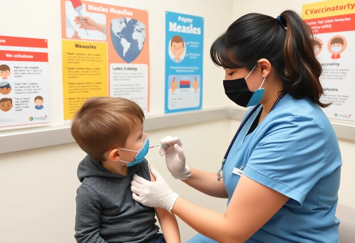 A healthcare professional giving a measles vaccine to a young child