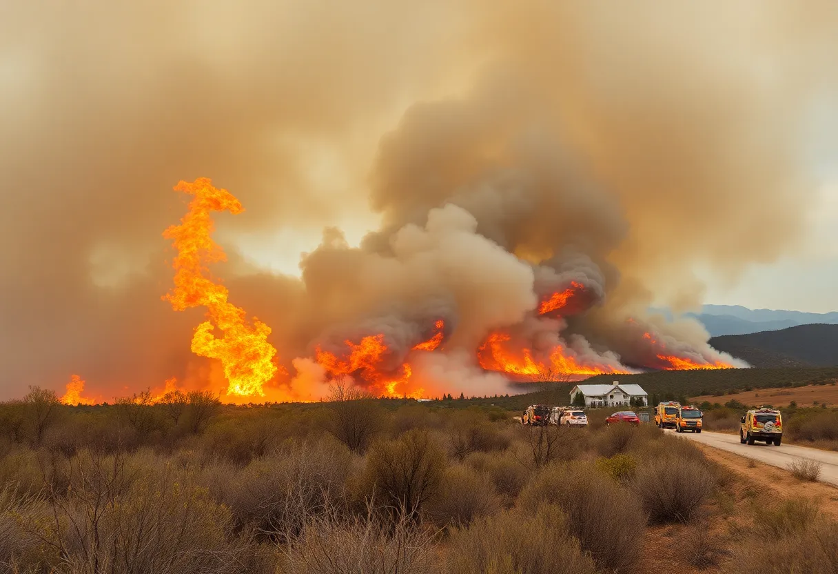Wildfire burning near Grand Canyon National Park with smoke and flames.
