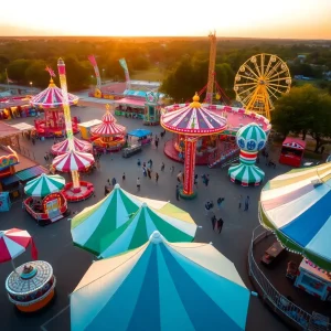 Aerial view of ZDT Amusement Park with rides and families having fun.