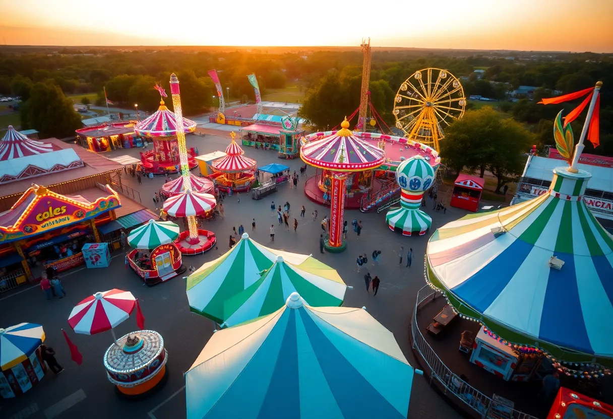 Aerial view of ZDT Amusement Park with rides and families having fun.
