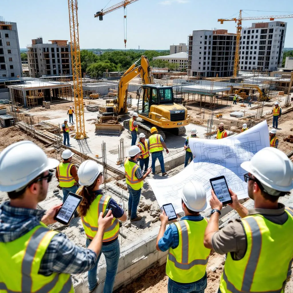 Construction workers on-site in San Antonio using mobile devices for project management.