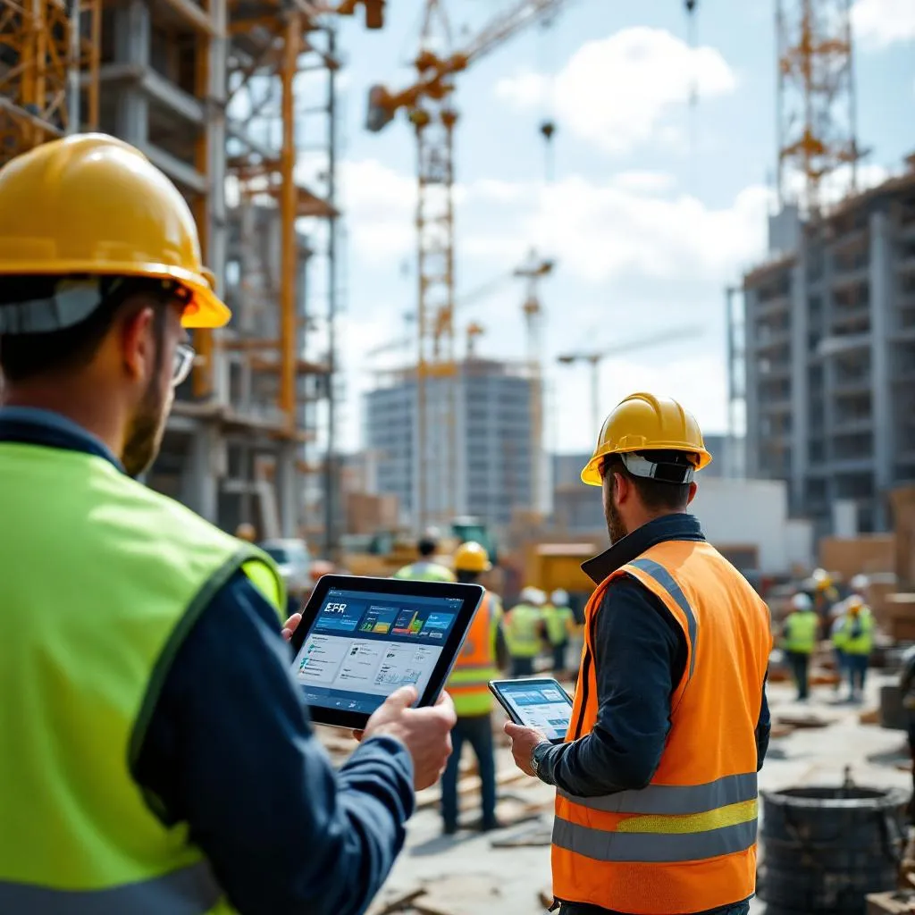 Construction site in San Antonio with workers and cranes