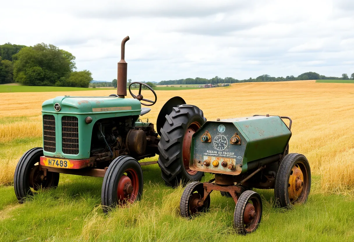 Recovered antique tractor and welding machine in a rural setting