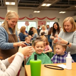 Children receiving free haircuts at a community event
