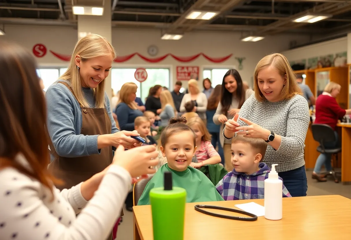 Children receiving free haircuts at a community event