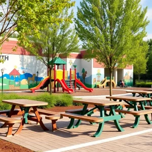 Family-friendly outdoor venue with a playground and picnic tables