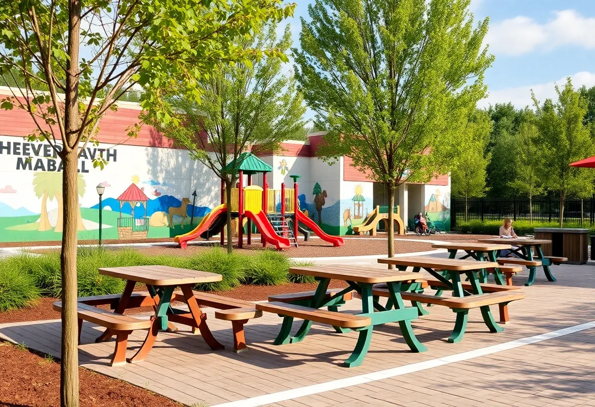 Family-friendly outdoor venue with a playground and picnic tables