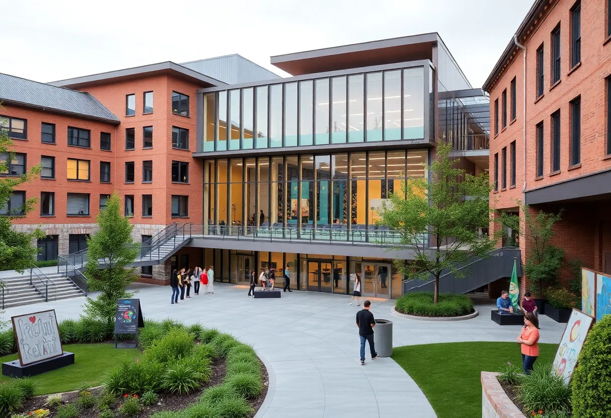 Concept art of the Brownsville Visual Arts Complex showing architectural features and artistic elements.