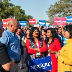 Diverse candidates and supporters in a political campaign setting in San Antonio.