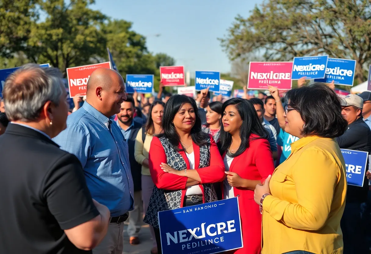 Diverse candidates and supporters in a political campaign setting in San Antonio.