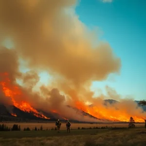 Wildfire burning in Central Oregon, showing smoke and firefighting efforts.