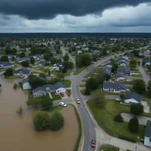 Flooded residential area in Central Texas after severe rainfall.