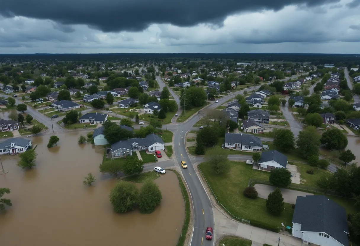 Flooded residential area in Central Texas after severe rainfall.