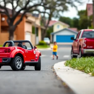 Scene depicting a residential area in San Antonio where a child riding a toy car was struck by a vehicle.