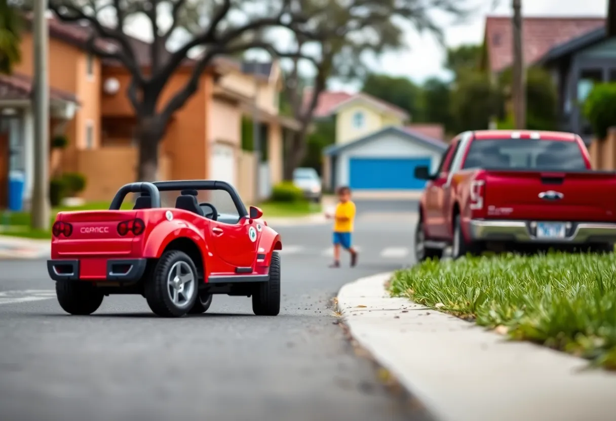 Scene depicting a residential area in San Antonio where a child riding a toy car was struck by a vehicle.