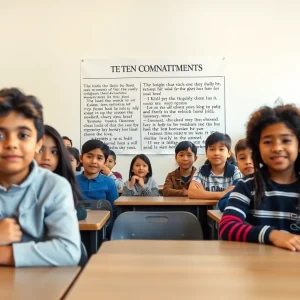 A diverse classroom with students of various backgrounds in a school environment, discussing educational policies.