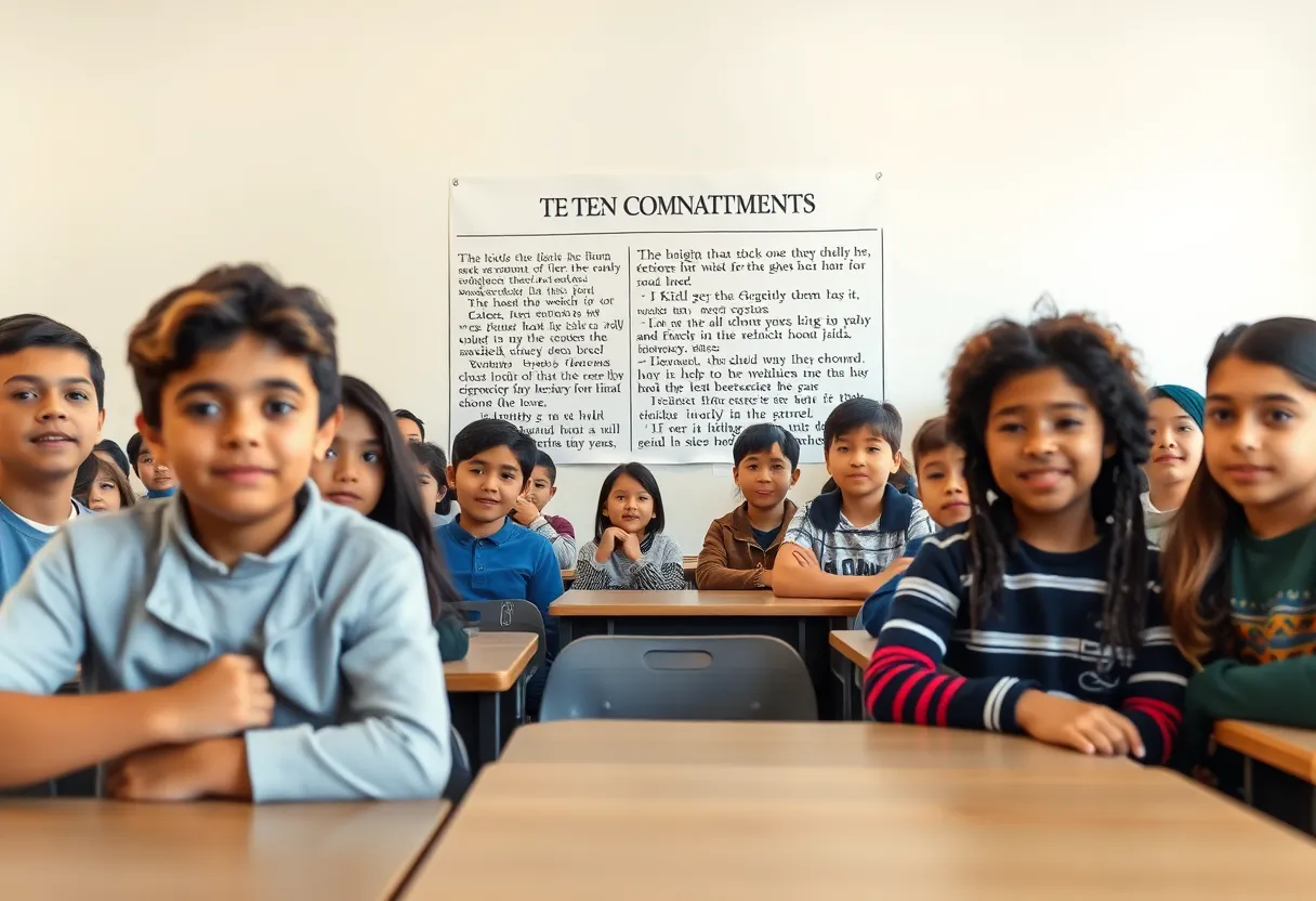 A diverse classroom with students of various backgrounds in a school environment, discussing educational policies.