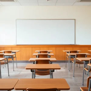 An empty classroom with blank walls, representing the ruling against religious displays in schools.