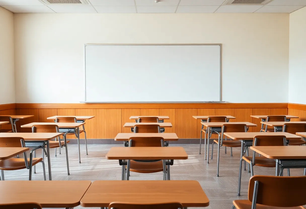 An empty classroom with blank walls, representing the ruling against religious displays in schools.