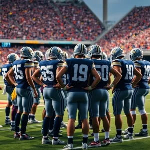 Colorado Buffaloes football team huddling on the sidelines