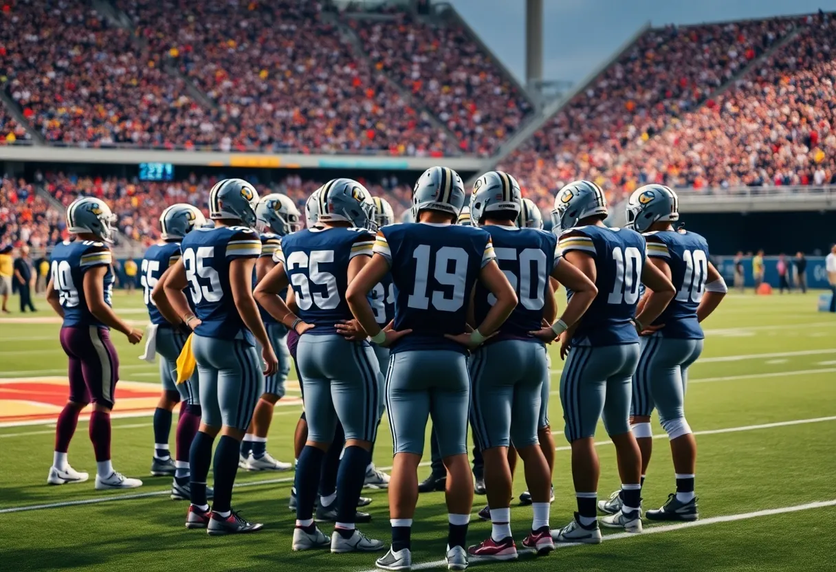 Colorado Buffaloes football team huddling on the sidelines