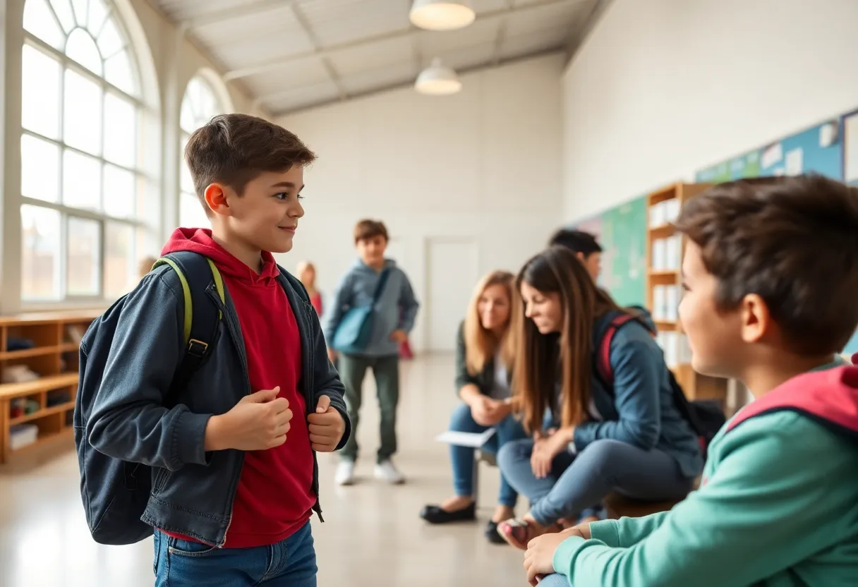 A serene school setting illustrating community awareness on safety and mental health