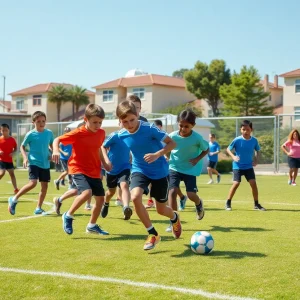 Young athletes practicing football together in a community setting