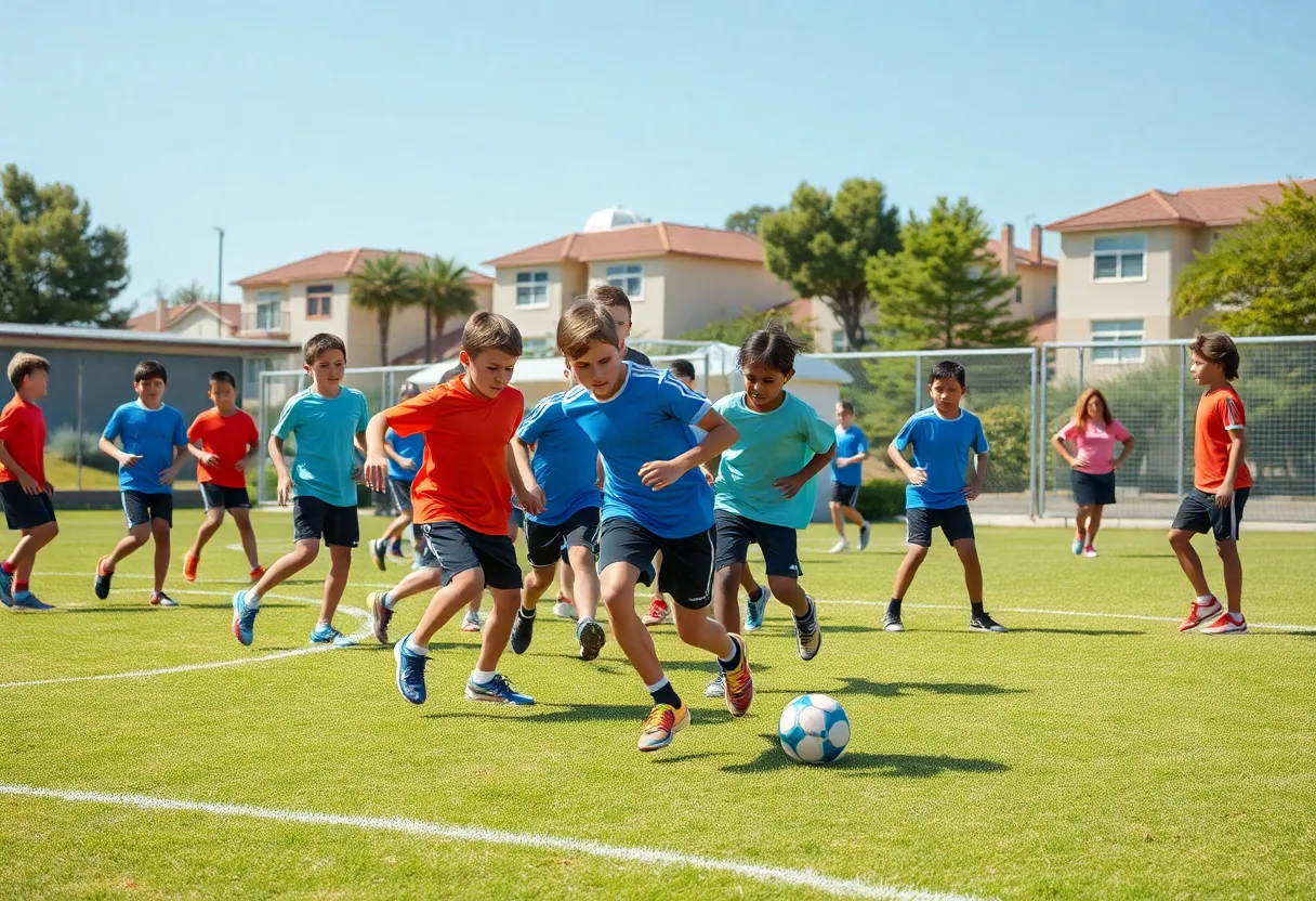 Young athletes practicing football together in a community setting