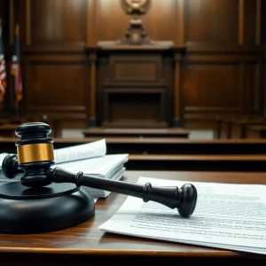 Interior of a courtroom for a capital murder retrial