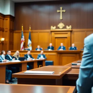 A courtroom setting addressing legal matters related to gun policies