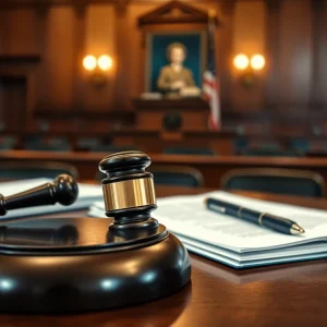 A courtroom with a gavel and legal documents