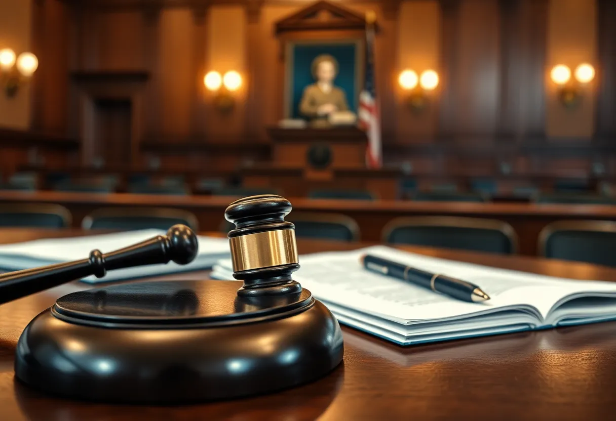 A courtroom with a gavel and legal documents