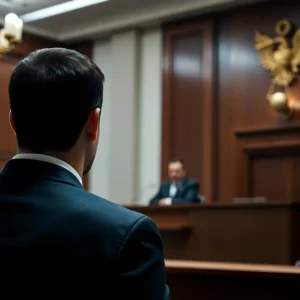 Courtroom with a judge and legal proceedings