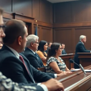 A courtroom during a murder retrial with jurors and a judge.