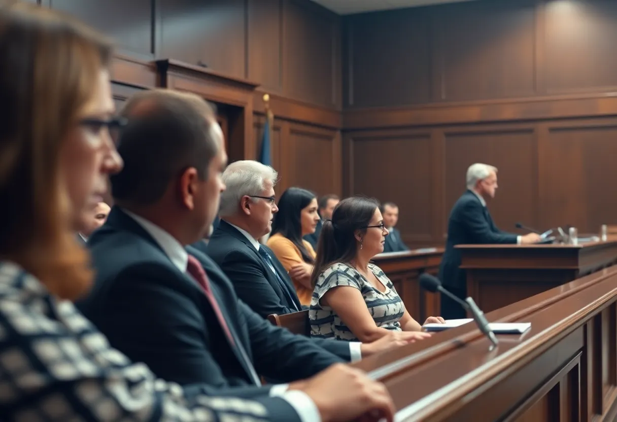 A courtroom during a murder retrial with jurors and a judge.