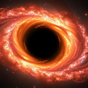 Visualization of a distant black hole in a galaxy with swirling gases.