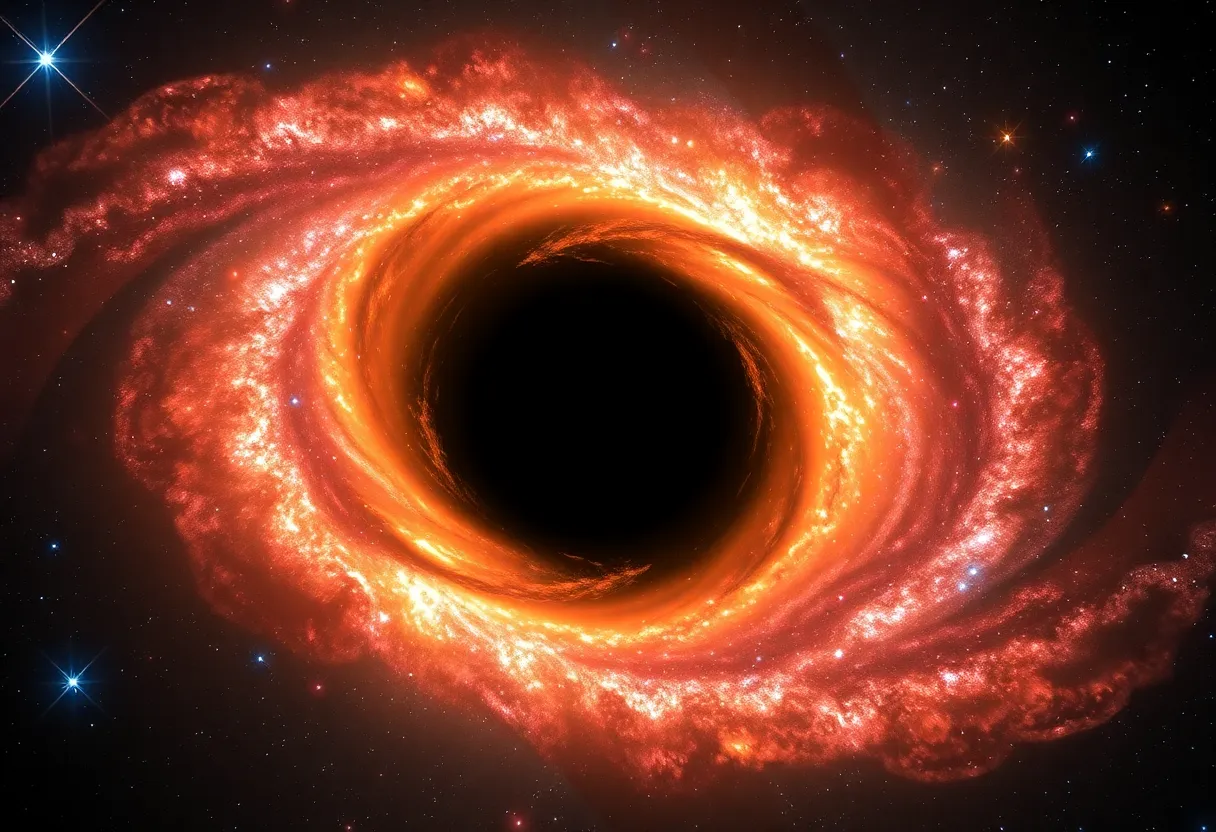 Visualization of a distant black hole in a galaxy with swirling gases.