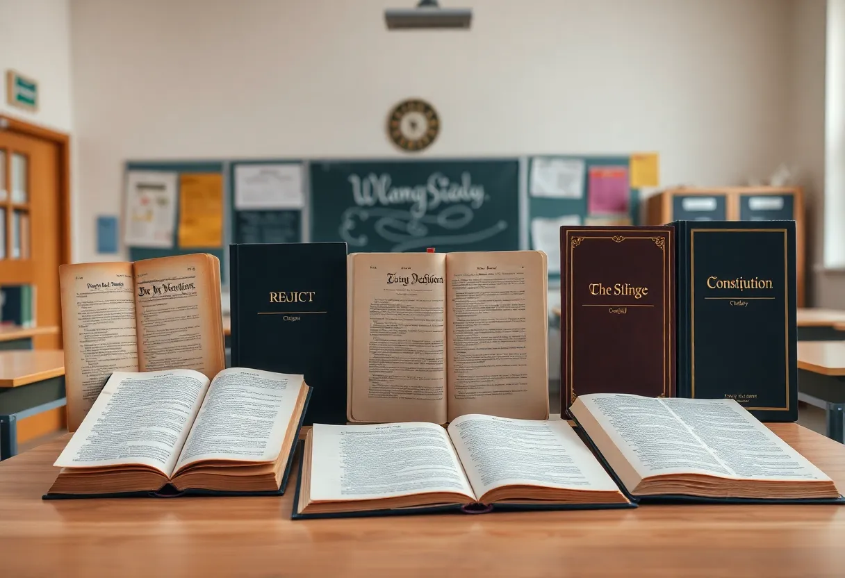 Classroom with religious texts representing diverse faiths