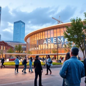 Community members discussing the proposed downtown arena project.