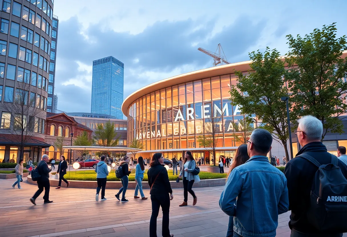 Community members discussing the proposed downtown arena project.