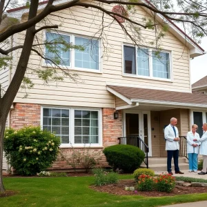 Caregivers and medical vehicles outside an elder care facility in a suburban area