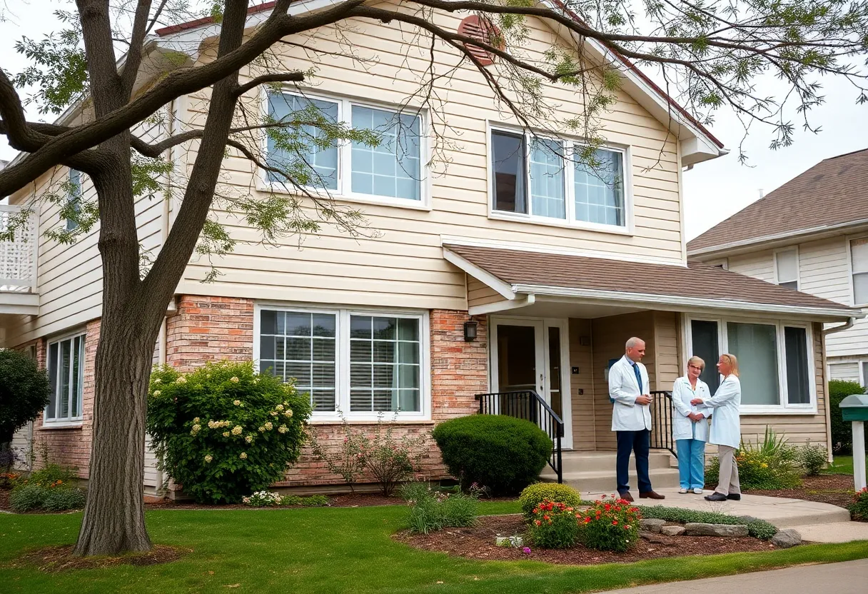 Caregivers and medical vehicles outside an elder care facility in a suburban area